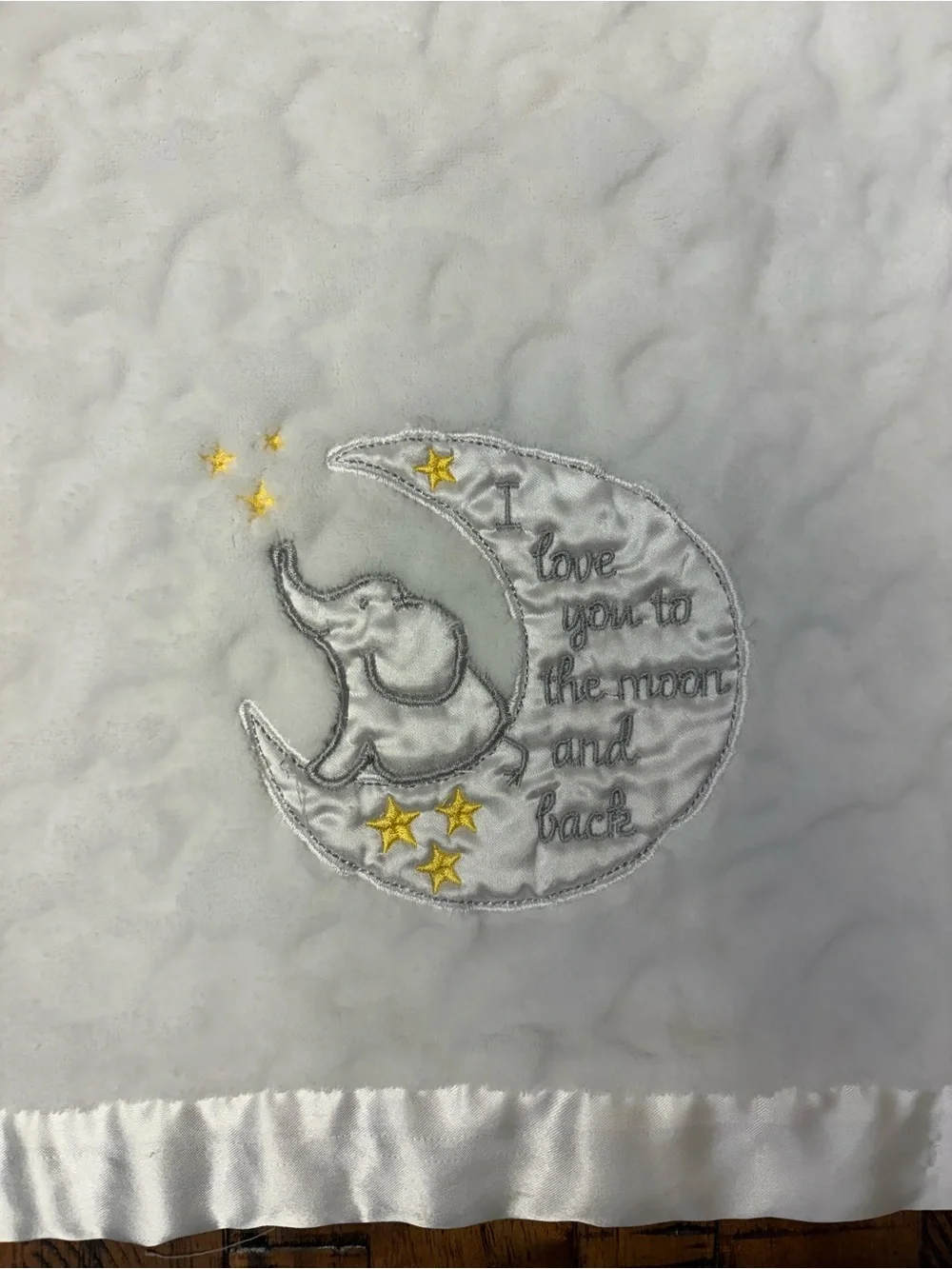 Baby Starters White Minky Elephant Moon & Back Satin Trim Crib Blanket
